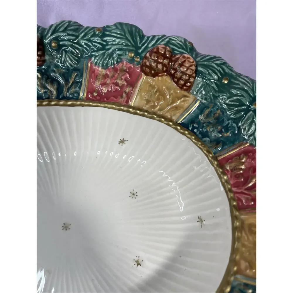 Fitz and Floyd DAMASK CHRISTMAS 1995 Oval Bowl Holly Pinecones Gold Star Box